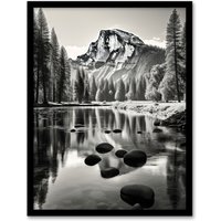 Artery8 Wall Art Print Majestic Yosemite Valley Iconic Half Dome Black & White Photo Photography Art Framed | Size: W12" x H16"