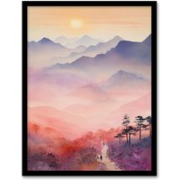 Artery8 Mist At Sunrise Over Purple Mountains Enchanting Watercolour Art Print Framed Poster Wall Decor in Black | Size: W12" x H16"