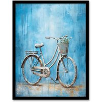 Artery8 Wall Art Print Simple Elegant Single Bicycle On Blue Modern Contemporary Detailed Flower Basket Artwork Art Framed | Size: W12" x H16"