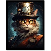 Artery8 Top Hat Magic Cat Fun Steampunk Cat Explorer Artwork Art Print Framed Poster Wall Decor in Black | Size: W12" x H16"