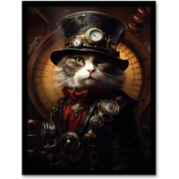 Artery8 Wall Art Print Sir Henry Trumpington III Steampunk Sea Cat Captain Fun Artwork Art Framed in Black | Size: W12" x H16"