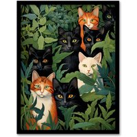Artery8 Wall Art Print 5 Black Cats By Julia Davidson Quirky Black Ginger White Cat Group In Green Botanicals Art Framed | Size: W12" x H16"