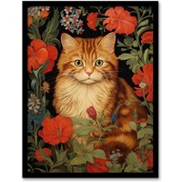 Artery8 Wall Art Print Stylish Ginger Striped Kitten Cat Red Amidst The Flowers Floral Design Art Framed in Black | Size: W12" x H16"