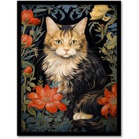 Artery8 Wall Art Print Stylish Maine Coon Cat Flowers Floral Design William Morris Style Art Framed in Black | Size: W12" x H16"