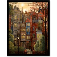 Artery8 Sunset Geometric Soft Cityscape In Autumn Architecture Art Print Framed Poster Wall Decor in Black | Size: W12" x H16"