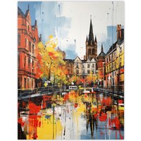 Artery8 Glasgow Cityscape Vibrant Oil Painting Red Yellow Autumn In Scotland Unframed Wall Art Print Poster Home Decor Premium | Size: W12" x H16"