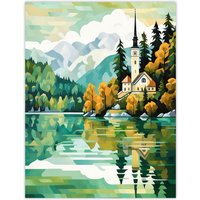 Artery8 Lake Bled Artwork Orange Green 17th Century Church On Slovenia Island Reflecting On Turquoise Water Unframed Wall Art Print Poster Home Decor