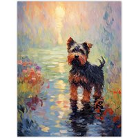 Artery8 Yorkshire Terrier Claude Monet Style Dog Oil Painting Sunrise Walk By Lake Unframed Wall Art Print Poster Home Decor Premium