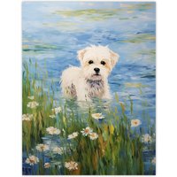 Artery8 Maltese Dog Claude Monet Style Oil Painting Portrait In Lake By Wildflowers Unframed Wall Art Print Poster Home Decor Premium