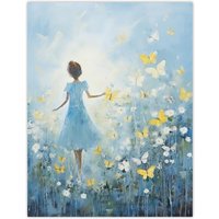 Artery8 Girl In Wildflower Meadow Oil Painting Soft Blue Yellow Butterflies Spring Landscape Unframed Wall Art Print Poster Home Decor Premium