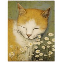 Artery8 Sleeping w/ The Daisies Artwork By Gillian Keenan Cat Sleeping In Wildflower Meadow Pastel Colour Oil Painting Unframed Wall Art Print Poster