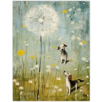 Artery8 The Giant Dandelion & Curious Dogs Bright Oil Painting Unframed Wall Art Print Poster Home Decor Premium | Size: W12" x H16"
