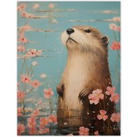 Artery8 Otter On The Water Scent Of Pink Hibiscus Blooms Oil Painting Unframed Wall Art Print Poster Home Decor Premium | Size: W12" x H16"