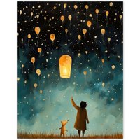 Artery8 Releasing Sky Lanterns With Ted Festival Magic Kids Bedroom Art Unframed Wall Art Print Poster Home Decor Premium | Size: W12" x H16"