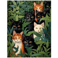 Artery8 5 Black Cats By Julia Davidson Quirky Black Ginger White Cat Group In Green Botanicals Unframed Wall Art Print Poster Home Decor Premium