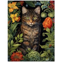 Artery8 Herbaceous Henry The Garden Tabby Cat Stylish Floral Flower Design Illustration Unframed Wall Art Print Poster Home Decor Premium