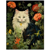 Artery8 Stylish Black & White Cat Flowers Green Floral Design Illustration Peony Unframed Wall Art Print Poster Home Decor Premium | Size: W12" x H16"