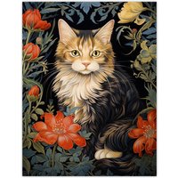 Artery8 Stylish Maine Coon Cat Flowers Floral Design Illustration William Morris Style Unframed Wall Art Print Poster Home Decor Premium