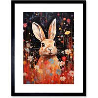 Wall Art Print Spring Bliss Oil Painting Cute Bunny Rabbit Daisy Flower Meadow Bedroom Artwork Framed 9X7 Inch W7" x H9"