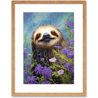 Wall Art Print Carefree Sloth Field Daisies Oil Painting Enjoying Spring Rain Bedroom Artwork Framed 9X7 Inch