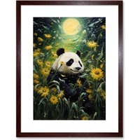 Wall Art Print Midsummer Nights Panda Dream Oil Painting Panda Bear Full Moon Sunflower Field Landscape Bedroom Artwork Framed 9X7