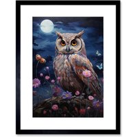 Artery8 Wall Art Print Majestic Owl Portrait Oil Painting Great Horned Purple Pink Blue Full Moon in Spring Meadow w/ Wildflowers Artwork Framed 9X7