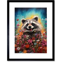 Artery8 Wall Art Print Gleeful Racoon Quirky Portrait Spring Makes Everything Better Oil Painting Kids Bedroom Blooming Wildflower Meadow Artwork