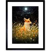 Artery8 Wall Art Print Watching the Fireflies Dance Happy Fox over a Wildflower Meadow Oil Painting Orange White Blue Full Moon Spring Night Dreamy