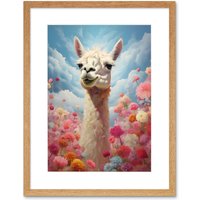 Wall Art Print Happy Llama Peeking Head Over Flowers Bright Colourful Artwork Bedroom Dreamy Spring Meadow Artwork Framed 9X7 Inch