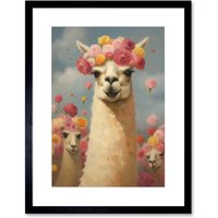 Artery8 Wall Art Print The Llama Wedding Rose Bloom Flower Headdress Fun Artwork Kids Bedroom Artwork Framed 9X7 Inch in Black | Size: W7" x H9"