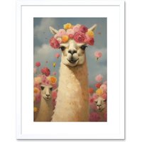 Artery8 Wall Art Print The Llama Wedding Rose Bloom Flower Headdress Fun Artwork Kids Bedroom Artwork Framed 9X7 Inch in White | Size: W7" x H9"