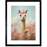 Artery8 Wall Art Print Llama & Peonies Pink Elegant Artwork Kids Bedroom Floral Portrait with Roses Artwork Framed 9X7 Inch in Black | Size: W7" x H9"