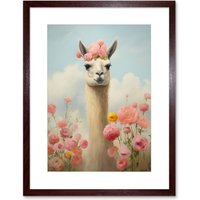 Wall Art Print Llama & Peonies Elegant Artwork Bedroom Floral Portrait Roses Artwork Framed 9X7 Inch Brown W7" x H9"