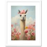 Wall Art Print Llama & Peonies Pink Elegant Artwork Bedroom Floral Portrait Roses Artwork Framed 9X7 Inch W7" x H9"