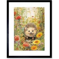 Artery8 Wall Art Print Adorable Hedgehog in a Wildflower Meadow Watercolour Painting Kids Bedroom Cute Woodland Creature Artwork Framed 9X7 Inch