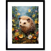 Wall Art Print Hedgehog Wildflower Meadow Thick Paint Oil Painting Bedroom Cute Woodland Creature Artwork Framed 9X7 Inch