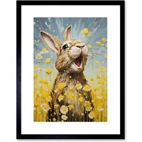 Artery8 Wall Art Print The Happy Bunny Rabbit Playing in a Field of Daisies Vibrant Oil Painting Kids Bedroom Blue Yellow Bright Summer Meadow