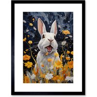 Wall Art Print Moonlit Rabbit Oil Painting Playing Yellow Spring Flowers Mischief at Night Bedroom Artwork Framed 9X7 Inch