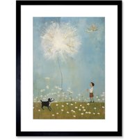 Artery8 Wall Art Print Chasing the Giant Dandelion Dream Artwork Giant Wish Oil Painting Kids Bedroom Child & Pet Dog in Daisy Field Artwork Framed