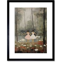 Artery8 Wall Art Print Forest Ballet Oil Painting Kids Bedroom Ballerinas Gracefully Dancing by a Lake Artwork Framed 9X7 Inch | Size: W7" x H9"