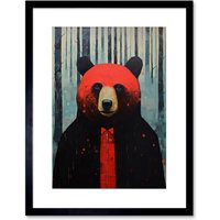 Artery8 Wall Art Print Hipster Red Bear Artwork Oil Painting Black Blue Artwork Forest Trees Artwork Framed 9X7 Inch | Size: W7" x H9"