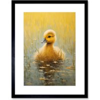 Wall Art Print Cute Ducking Countryside Pond Oil Painting Bedroom Duck Bright Artwork Framed 9X7 Inch W7" x H9"