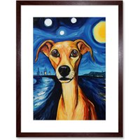Artery8 Wall Art Print Van Goghs Dog Artwork Night Scene Full Moon Blue Brown Yellow Oil Painting Artwork Framed 9X7 Inch | Size: W7" x H9"