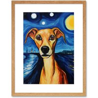 Artery8 Wall Art Print Van Goghs Dog Artwork Night Scene Full Moon Blue Brown Yellow Oil Painting Artwork Framed 9X7 Inch in Beige | Size: W7" x H9"