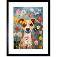 Artery8 Wall Art Print Chihuahua in the Wildflowers Artwork Colourful Meadow Dog Portrait Artwork Framed 9X7 Inch in Black | Size: W7" x H9"