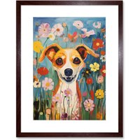 Artery8 Wall Art Print Chihuahua in the Wildflowers Artwork Colourful Meadow Dog Portrait Artwork Framed 9X7 Inch in Brown | Size: W7" x H9"