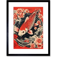 Artery8 Wall Art Print Koi Fish Carp Japan Whirlpool Red Black Floral Artwork Coy Artwork Framed 9X7 Inch | Size: W7" x H9"