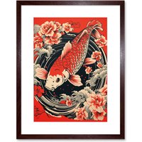 Artery8 Wall Art Print Koi Fish Carp Japan Whirlpool Red Black Floral Artwork Coy Artwork Framed 9X7 Inch in Brown | Size: W7" x H9"