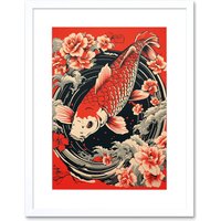 Artery8 Wall Art Print Koi Fish Carp Japan Whirlpool Red Black Floral Artwork Coy Artwork Framed 9X7 Inch in White | Size: W7" x H9"