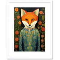 Artery8 Wall Art Print Fox Flaunting Fancy Floral Frock Felicia Flower Field Fun Artwork Framed 9X7 Inch in White | Size: W7" x H9"